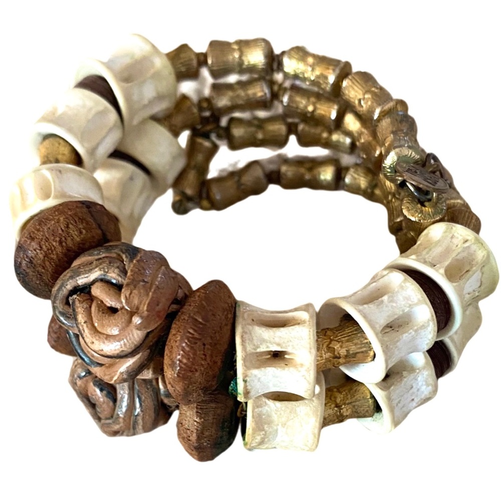 🛍 Retro, SIGNED Miriam Haskell Antique Wood & Metal Wrap Bracelet